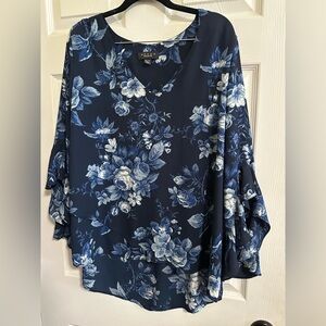Grace Blue Floral Women's High - Low Tunic Blouse flowy with Ruffled Sleeves